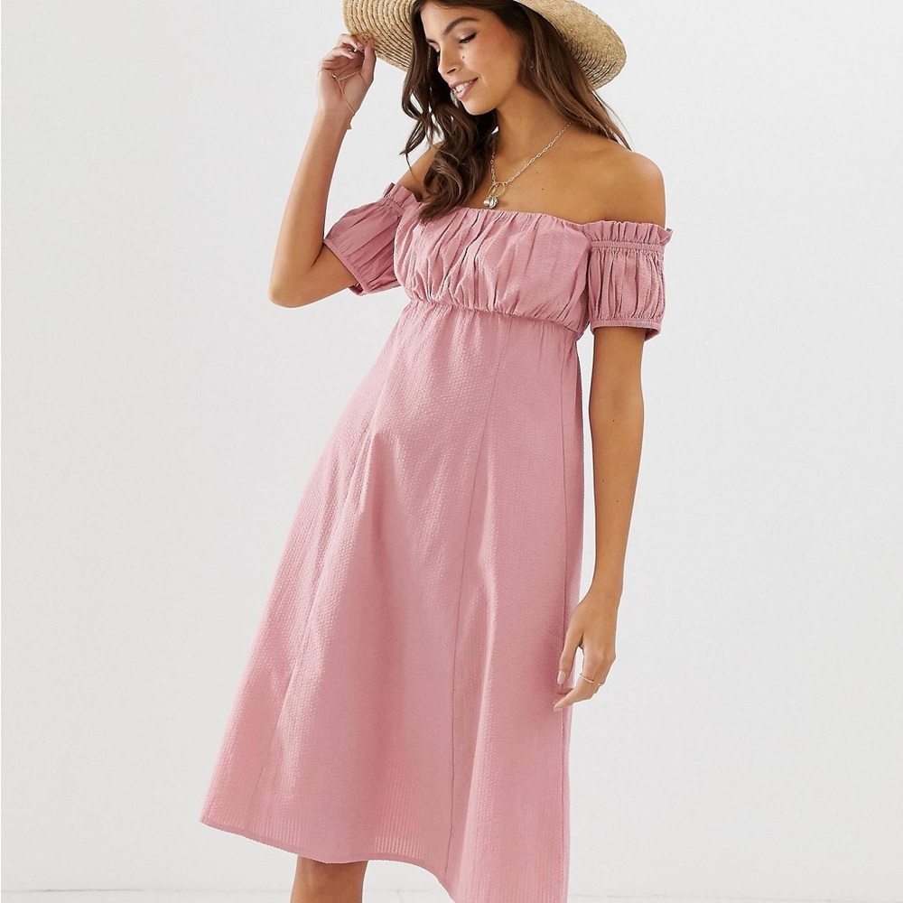 ASOS off the shoulder pink midi dress